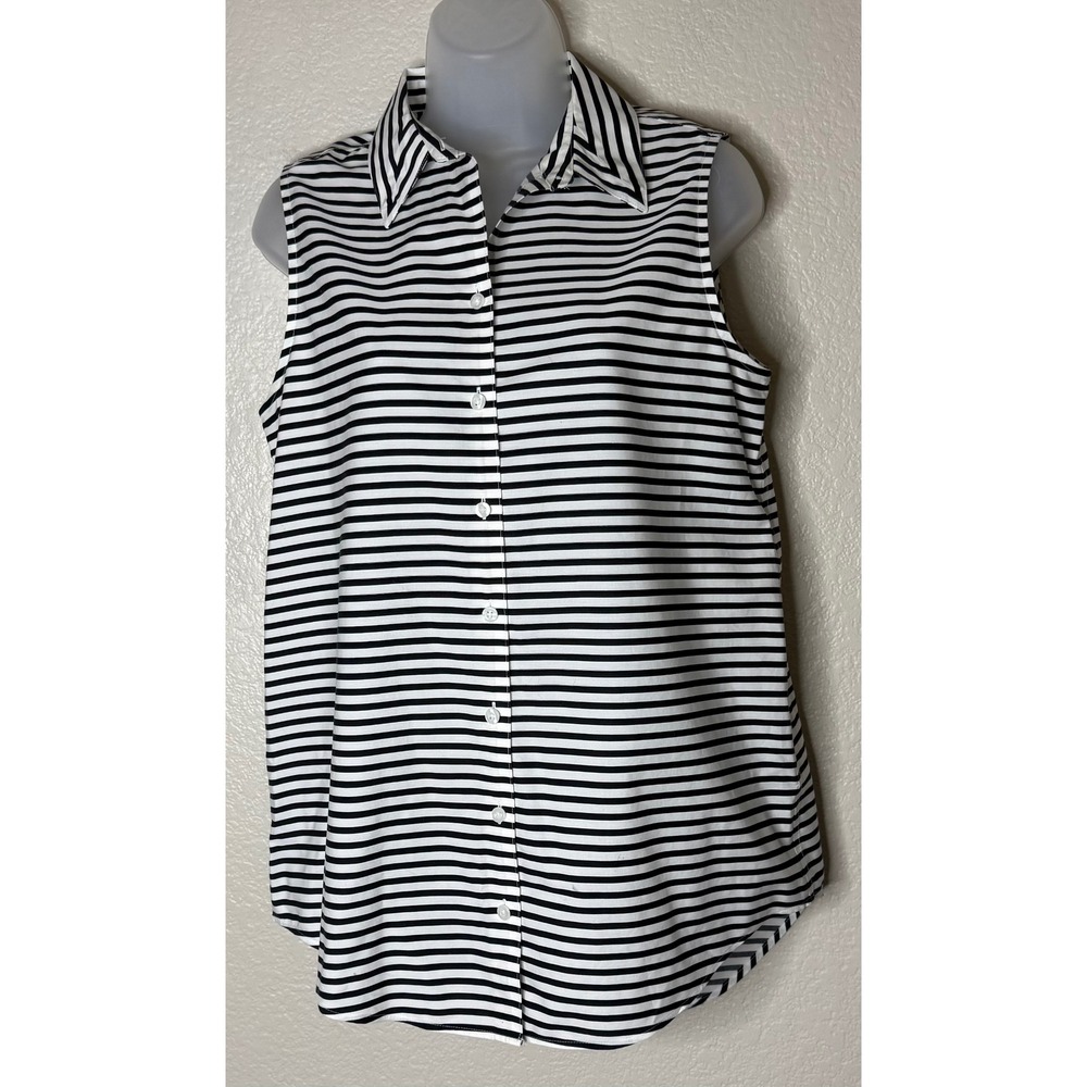 Chicos 0 US Small Sleeveless Button Down Shirt‎ Blue White Striped No Iron Top